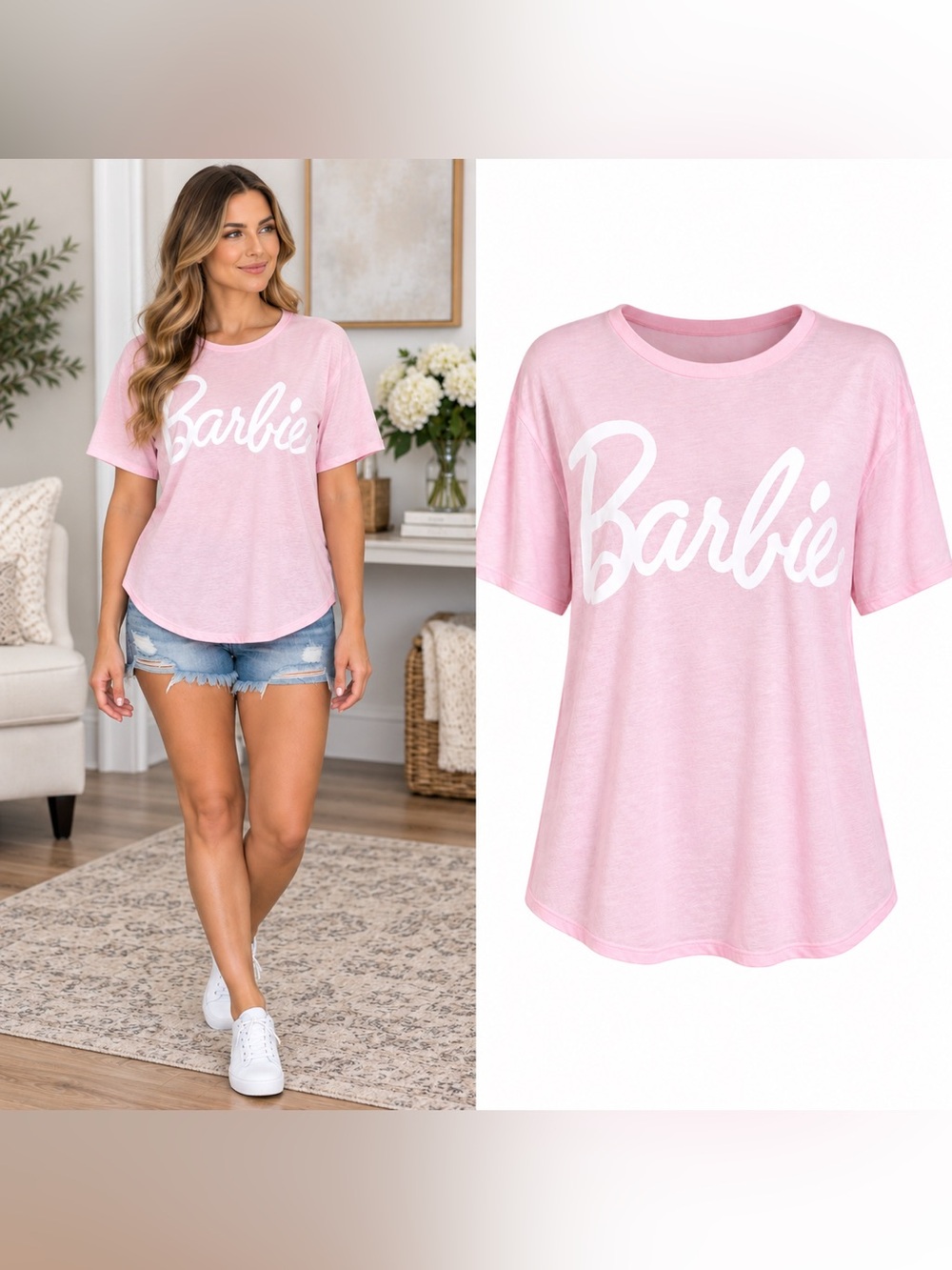 Barbie Short Sleeve Pink Logo Tee Women’s Size Large Y2K Soft Girl Barbiecore